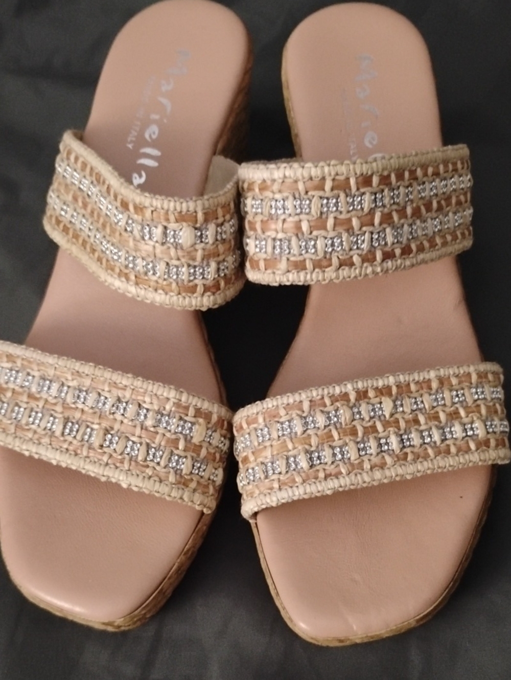 Mariella Beige Woven Slide Sandals with Metallic Accents